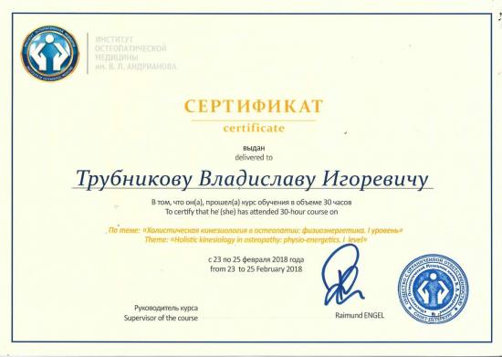 Сертификат выдан Трубникову Владиславу Игоревичу Институтом остеопатической медицины им. В. Л. Андрианова. Подтверждает прохождение курса объемом 30 академических часов по теме: «Холистическая кинезиология в остеопатии: физиоэнергетика. I уровень». Обучение проходило с 23 по 25 февраля 2018 года под руководством Раймунда Энгеля.